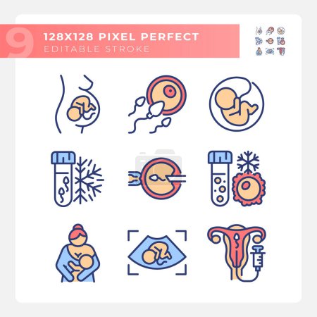 Artificial insemination RGB color icons set. Genetic material collecting. Dna freeze. Child care, breastfeeding. Isolated vector illustrations. Simple filled line drawings collection. Editable stroke