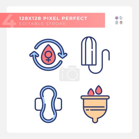 Menstrual hygiene products RGB color icons set. Period cycle, ovulation. Reproduction system care. Isolated vector illustrations. Simple filled line drawings collection. Editable stroke