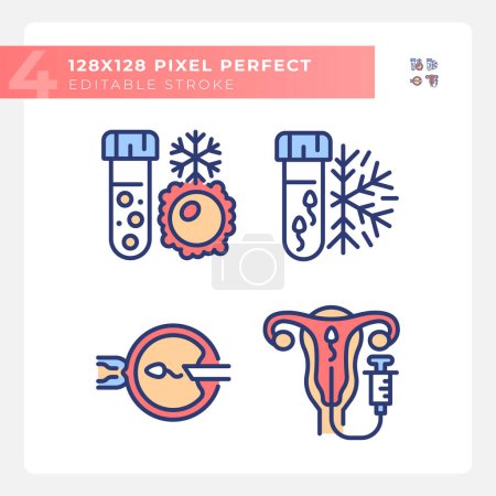 Genetic material freezing RGB color icons set. Artificial insemination. Sperm, ovul cryopreservation. Isolated vector illustrations. Simple filled line drawings collection. Editable stroke
