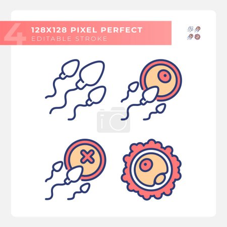 Illustration for Fertility RGB color icons set. Ovul insemination, sperm egg infertility. Human fecundacion, reproduction system. Isolated vector illustrations. Simple filled line drawings collection. Editable stroke - Royalty Free Image