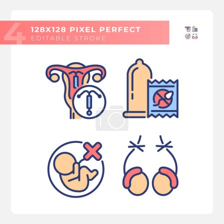Pregnancy prevention methods RGB color icons set. Contraceptive products, male vasectomy. Intrauterine devices. Isolated vector illustrations. Simple filled line drawings collection. Editable stroke
