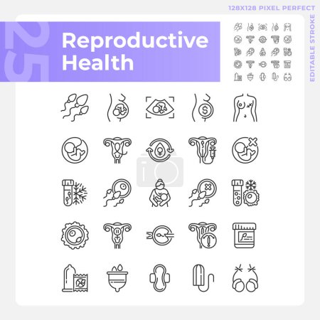 Reproductive health linear icons set. Artificial pregnancy, childcare. Pregnancy prevention methods. Customizable thin line symbols. Isolated vector outline illustrations. Editable stroke