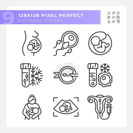 Illustration for Artificial insemination linear icons set. Genetic material collecting. Dna freezing. Child care, breastfeeding. Customizable thin line symbols. Isolated vector outline illustrations. Editable stroke - Royalty Free Image
