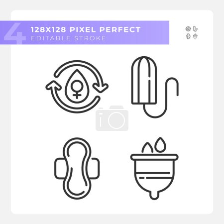 Menstrual hygiene products linear icons set. Period cycle, ovulation. Reproduction system care. Customizable thin line symbols. Isolated vector outline illustrations. Editable stroke