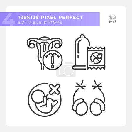 Pregnancy prevention methods linear icons set. Contraceptive products, male vasectomy. Intrauterine devices. Customizable thin line symbols. Isolated vector outline illustrations. Editable stroke