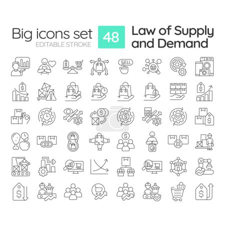 Microeconomics principles linear icons set. Law of supply and demand. Goods determined by supply and demand. Customizable thin line symbols. Isolated vector outline illustrations. Editable stroke