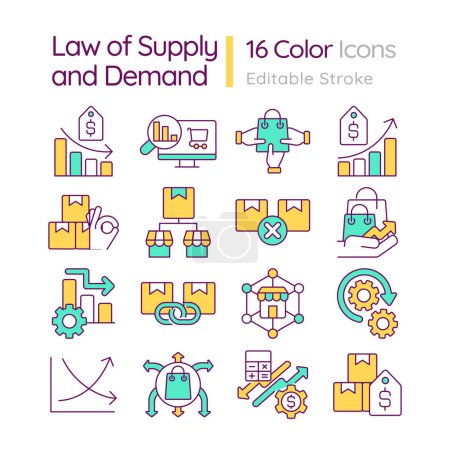 Market economics principles RGB color icons set. Law of supply and demand. Production costs. Isolated vector illustrations. Simple filled line drawings collection. Editable stroke