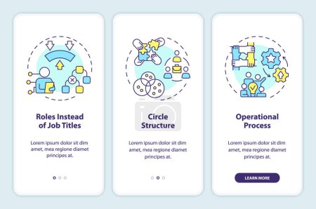 Holacracy essential elements onboarding mobile app screen. Governance walkthrough 3 steps editable graphic instructions with linear concepts. UI, UX, GUI template. Myriad Pro-Bold, Regular fonts used