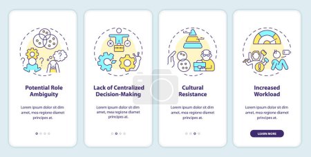 Illustration for Challenges of holacracy onboarding mobile app screen. Management walkthrough 4 steps editable graphic instructions with linear concepts. UI, UX, GUI template. Myriad Pro-Bold, Regular fonts used - Royalty Free Image