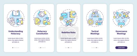 Strategy implementation steps onboarding mobile app screen. Holacracy walkthrough 5 steps editable graphic instructions with linear concepts. UI, UX, GUI template. Myriad Pro-Bold, Regular fonts used