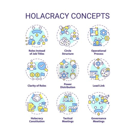 Estructura holacracia iconos concepto multicolor. Distribución de energía. Proceso operativo. Reuniones de gobierno. Paquete de iconos. Imágenes vectoriales. Ilustraciones en forma redonda para material promocional. Idea abstracta