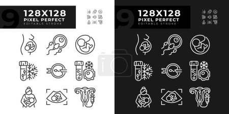 Artificial insemination linear icons set for dark, light mode. Genetic material collecting. Dna freezing. Child care. Thin line symbols for night, day theme. Isolated illustrations. Editable stroke