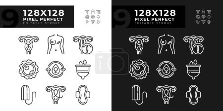 Female reproductive health linear icons set for dark, light mode. Gynecological diseases, cancer. Menstrual hygiene. Thin line symbols for night, day theme. Isolated illustrations. Editable stroke