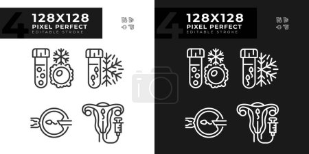 Genetic material freezing linear icons set for dark, light mode. Artificial insemination. Sperm, ovul cryopreservation. Thin line symbols for night, day theme. Isolated illustrations. Editable stroke