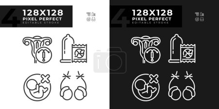 Pregnancy prevention methods linear icons set for dark, light mode. Male vasectomy. Intrauterine devices. Thin line symbols for night, day theme. Isolated illustrations. Editable stroke