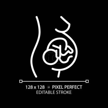 Pregnancy white linear icon for dark theme. Pregnant woman. Maternity womb, gestational carrier. Embryo baby, childcare. Thin line illustration. Isolated symbol for night mode. Editable stroke