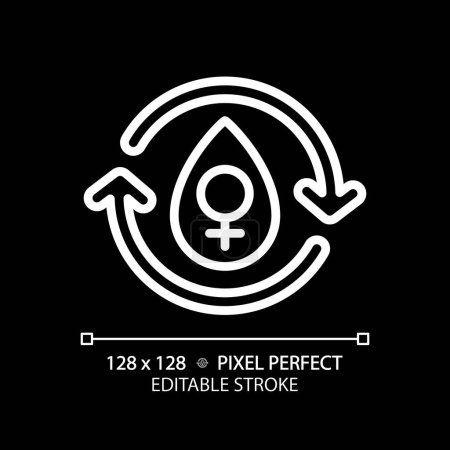 Female menstrual cycle white linear icon for dark theme. Feminine reproduction system illness. Period cycle blood. Thin line illustration. Isolated symbol for night mode. Editable stroke