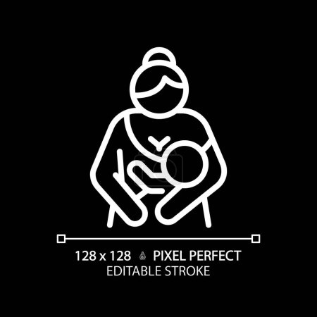 Baby lactation white linear icon for dark theme. Breastfeeding, childcare. Breast suckling, newborn holding. Human reproduction. Thin line illustration. Isolated symbol for night mode. Editable stroke