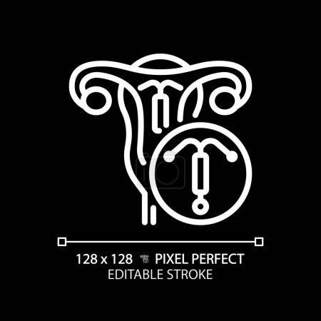 Intrauterine device white linear icon for dark theme. Pregnancy prevention, birth control implant. Reproductive health. Thin line illustration. Isolated symbol for night mode. Editable stroke