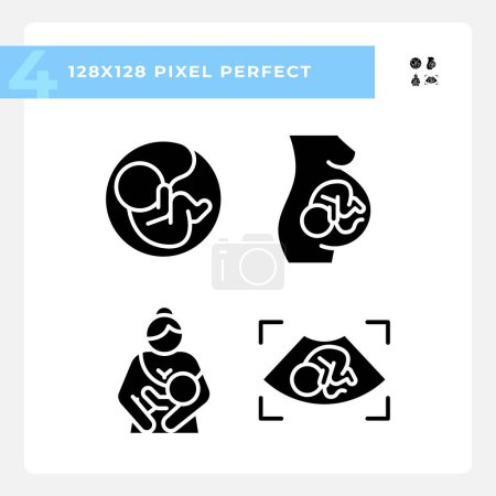 Illustration for Child growth black glyph icons set on white space. Pregnancy ultrasonography. Baby breastfeeding, maternity childcare. Silhouette symbols. Solid pictogram pack. Vector isolated illustration - Royalty Free Image
