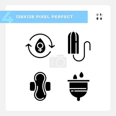 Menstrual hygiene products black glyph icons set on white space. Period cycle, ovulation. Reproduction system care. Silhouette symbols. Solid pictogram pack. Vector isolated illustration
