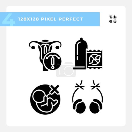 Pregnancy prevention methods black glyph icons set on white space. Contraceptive products, male vasectomy. Intrauterine devices. Silhouette symbols. Solid pictogram pack. Vector isolated illustration