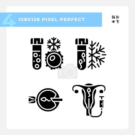 Illustration for Genetic material freezing black glyph icons set on white space. Artificial insemination. Sperm, ovul cryopreservation. Silhouette symbols. Solid pictogram pack. Vector isolated illustration - Royalty Free Image