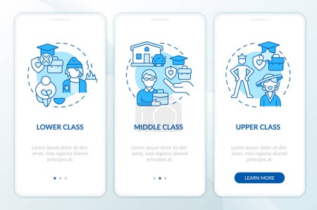 Klassenstruktur blau onboarding mobile App Bildschirm. Sozialschichtung Walkthrough 3 Schritte editierbare Anweisungen mit linearen Konzepten. UI, UX, GUI-Vorlage. Myriad Pro-Bold, Regular Fonts verwendet