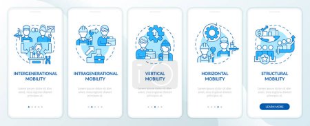 Patterns of social mobility blue onboarding mobile app screen. Walkthrough 5 steps editable graphic instructions with linear concepts. UI, UX, GUI template. Myriad Pro-Bold, Regular fonts used