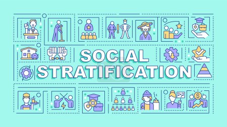 Social stratification blue word concept. Social classes. Typography banner. Flat design. Vector illustration with title text, editable line icons. Ready to use. Arial Black font used