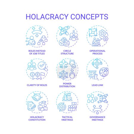 Holacracy structure blue gradient concept icons. Power distribution. Operational process, meetings. Icon pack. Vector images. Round shape illustrations for promotional material. Abstract idea