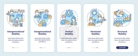 Patterns of social mobility onboarding mobile app screen. Walkthrough 5 steps editable graphic instructions with linear concepts. UI, UX, GUI template. Myriad Pro-Bold, Regular fonts used 