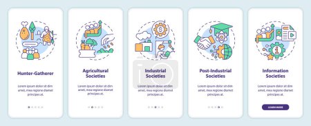 Types of society onboarding mobile app screen. Societal development walkthrough 5 steps editable graphic instructions with linear concepts. UI, UX, GUI template. Myriad Pro-Bold, Regular fonts used 