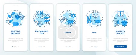 Genetic modification technologies blue onboarding mobile app screen. Walkthrough 5 steps editable graphic instructions with linear concepts. UI, UX, GUI template. Myriad Pro-Bold, Regular fonts used