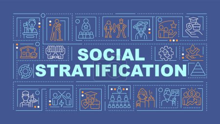 Social stratification dark blue word concept. Social status. Typography banner. Flat design. Vector illustration with title text, editable line icons. Ready to use. Arial Black font used