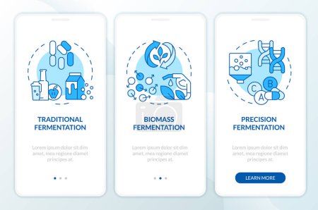 Fermentation variability blue onboarding mobile app screen. Walkthrough 3 steps editable graphic instructions with linear concepts. UI, UX, GUI template. Myriad Pro-Bold, Regular fonts used