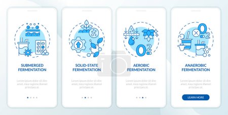 Procesamiento de fermentación pantalla de aplicación móvil incorporada azul. Recorrido a través de 4 pasos editables instrucciones gráficas con conceptos lineales. UI, UX, plantilla GUI. Myriad Pro-Bold, fuentes regulares utilizadas