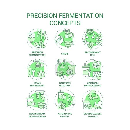 Iconos de concepto verde de fermentación de precisión. Modificación genética de alimentos. Selección artificial. Biología sintética, biotecnología. Paquete de iconos. Imágenes vectoriales. Ilustraciones en forma redonda. Idea abstracta