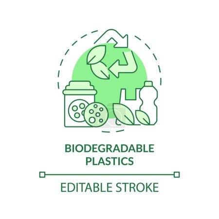 Ilustración de Icono de concepto verde plásticos biodegradables. Reciclaje de biopolímeros, reducción de la contaminación. Protección del medio ambiente. Ilustración de línea de forma redonda. Una idea abstracta. Diseño gráfico. Fácil de usar en - Imagen libre de derechos