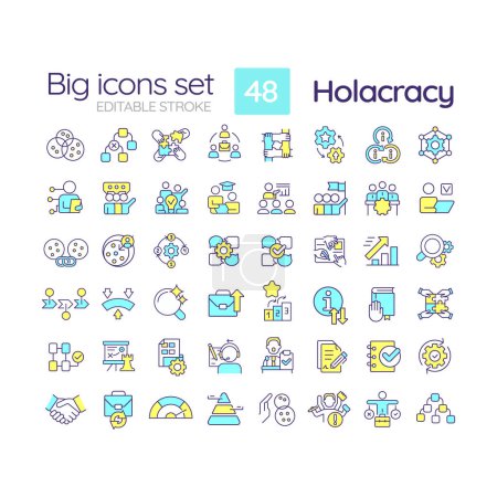 Illustration for Holacratic organization blue RGB color icons set. Distributed authority. Team centric structure. Isolated vector illustrations. Simple filled line drawings collection. Editable stroke - Royalty Free Image