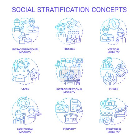 Social stratification and mobility blue gradient concept icons. Socioeconomic status. Society structure. Icon pack. Vector images. Round shape illustrations. Abstract idea. Easy to use in article