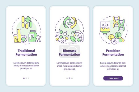 Types of fermentation onboarding mobile app screen. Food industry. Walkthrough 3 steps editable graphic instructions with linear concepts. UI, UX, GUI template. Myriad Pro-Bold, Regular fonts used