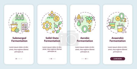 Procesos de fermentación tipos de incorporación de la pantalla de aplicaciones móviles. Recorrido a través de 4 pasos editables instrucciones gráficas con conceptos lineales. UI, UX, plantilla GUI. Myriad Pro-Bold, fuentes regulares utilizadas