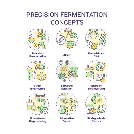 Precision fermentation multi color concept icons. Food genetic modification. Artificial selection, synthetic biology. Icon pack. Vector images. Round shape illustrations for article. Abstract idea