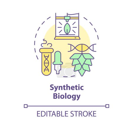 Biología sintética icono concepto multicolor. Organismos sintéticos, agricultura híbrida. Cultivo de bioingeniería. Ilustración de línea de forma redonda. Una idea abstracta. Diseño gráfico. Fácil de usar en el artículo