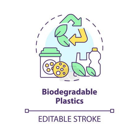 Ilustración de Plásticos biodegradables icono concepto multicolor. Reciclaje de biopolímeros, reducción de la contaminación. Protección del medio ambiente. Ilustración de línea de forma redonda. Una idea abstracta. Diseño gráfico. Fácil de usar en - Imagen libre de derechos