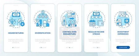 Illustration for P2P lending blue onboarding mobile app screen. Money for investors walkthrough 5 steps editable graphic instructions with linear concepts. UI, UX, GUI template. Myriad Pro-Bold, Regular fonts used - Royalty Free Image