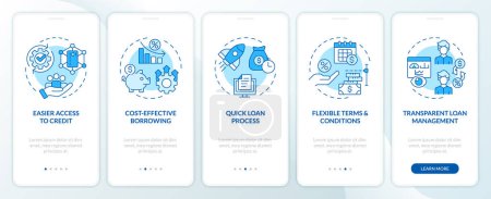 P2P for borrowers blue onboarding mobile app screen. Lending advantages walkthrough 5 step editable graphic instructions with linear concepts. UI, UX, GUI template. Myriad Pro-Bold, Regular fonts used