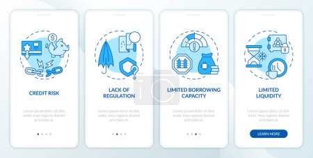 Disadvantages P2P loans blue onboarding mobile app screen. Lending risks walkthrough 4 editable graphic instructions with linear concepts. UI, UX, GUI template. Myriad Pro-Bold, Regular fonts used