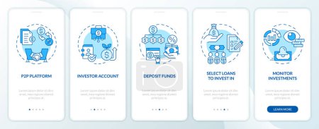 Lending for investors blue onboarding mobile app screen. P2P platform walkthrough 5 steps editable graphic instructions with linear concepts. UI, UX, GUI template. Myriad Pro-Bold, Regular fonts used